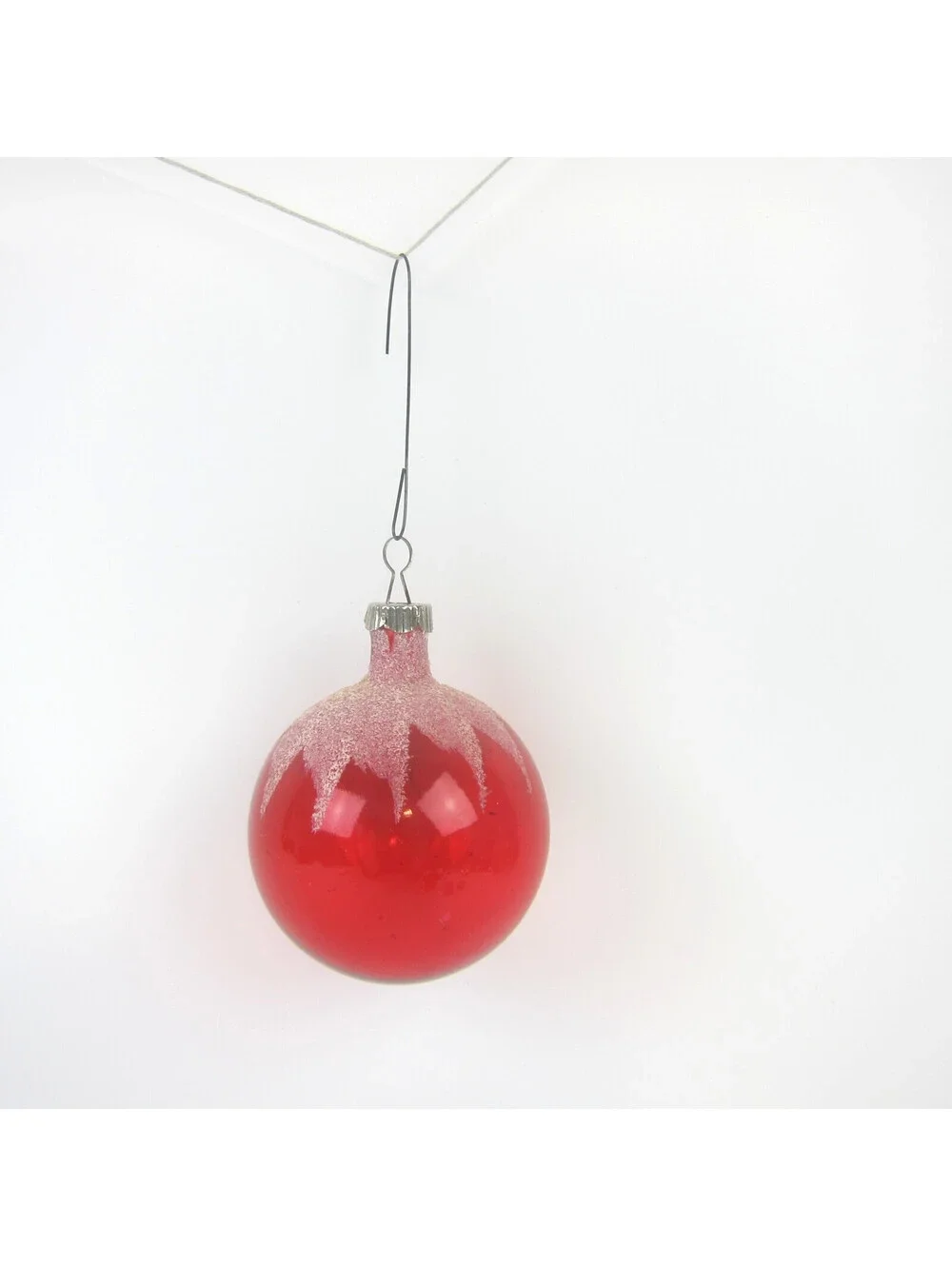 Vintage Shiny Brite Unsilvered Glass Christmas Ornament Red Ball Mica Snow 3